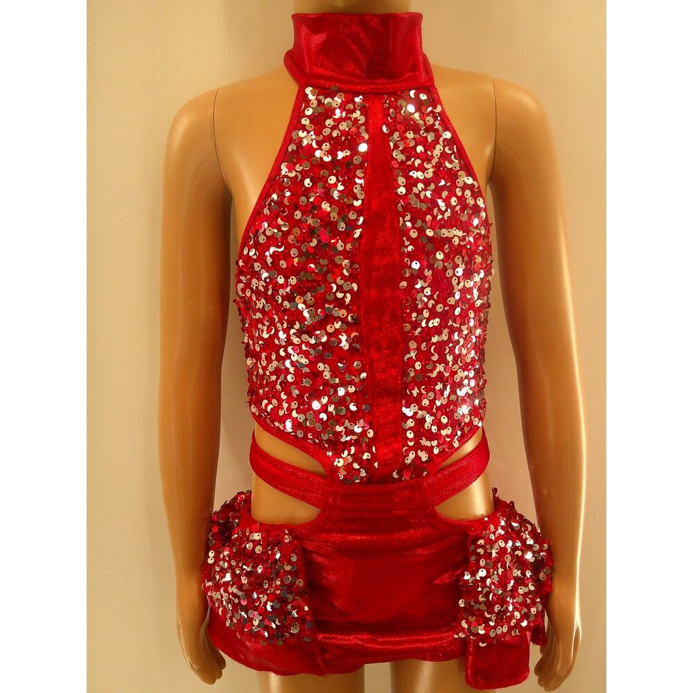 Dance Costume Medium Child Red Reverence Jazz Tap Clogging Ruffles Sequin Latin